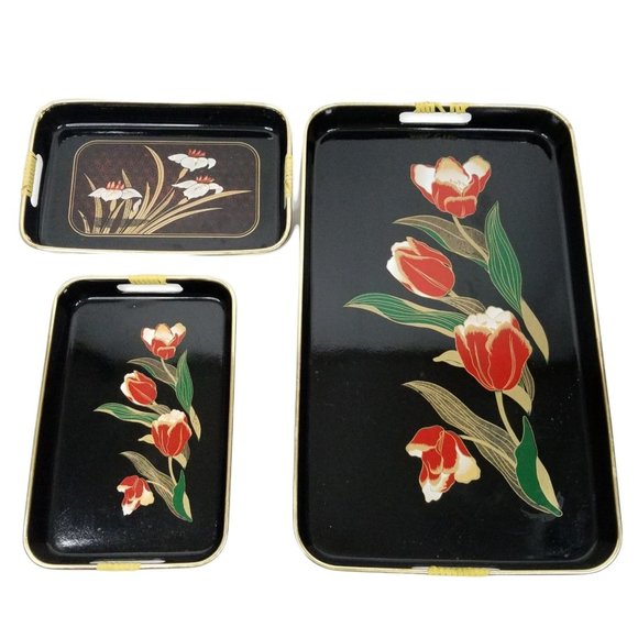 Vintage Serving Trays Wrapped Handles Iris Barware Lacquer Black Gold Japan - Picture 1 of 12